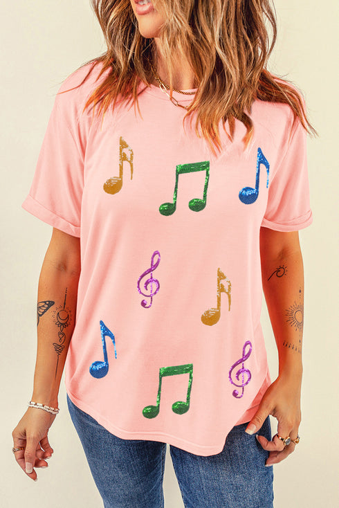 Colorful Music Notes Patch Graphic Relaxed Fit Casual Tee