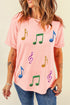 Colorful Music Notes Patch Graphic Relaxed Fit Casual Tee
