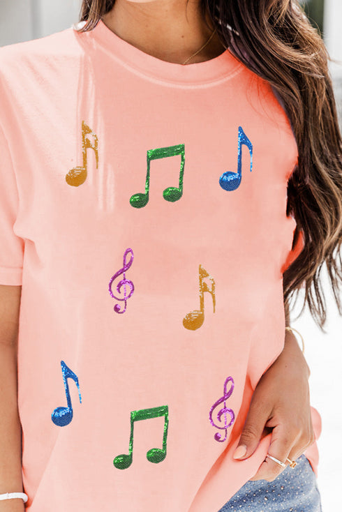 Colorful Music Notes Patch Graphic Relaxed Fit Casual Tee
