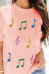 Colorful Music Notes Patch Graphic Relaxed Fit Casual Tee