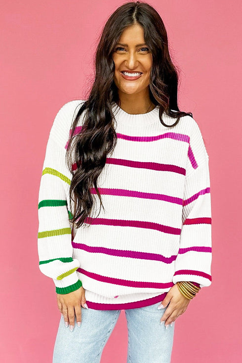 Colorful Striped Drop Shoulder Crew Neck Sweater