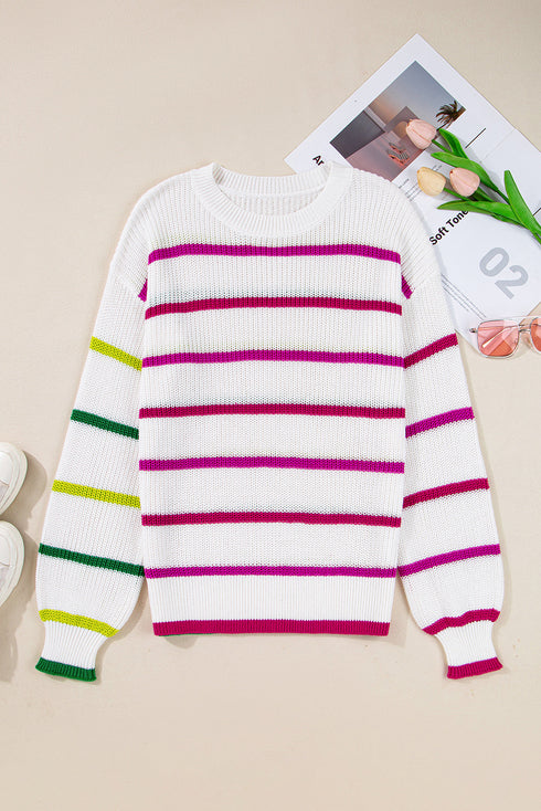Colorful Striped Drop Shoulder Crew Neck Sweater