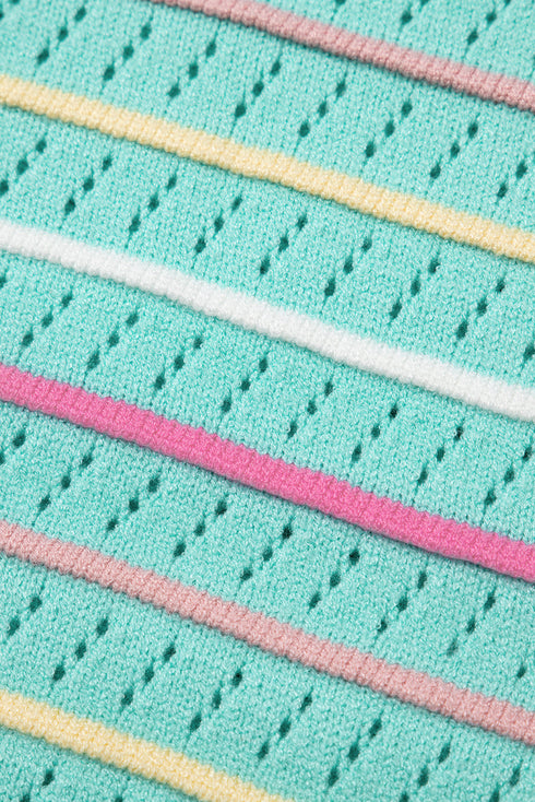 Colorful Striped Eyelet Knit Ruffled Sleeve Sweater T Shirt