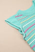Colorful Striped Eyelet Knit Ruffled Sleeve Sweater T Shirt