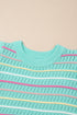 Colorful Striped Eyelet Knit Ruffled Sleeve Sweater T Shirt