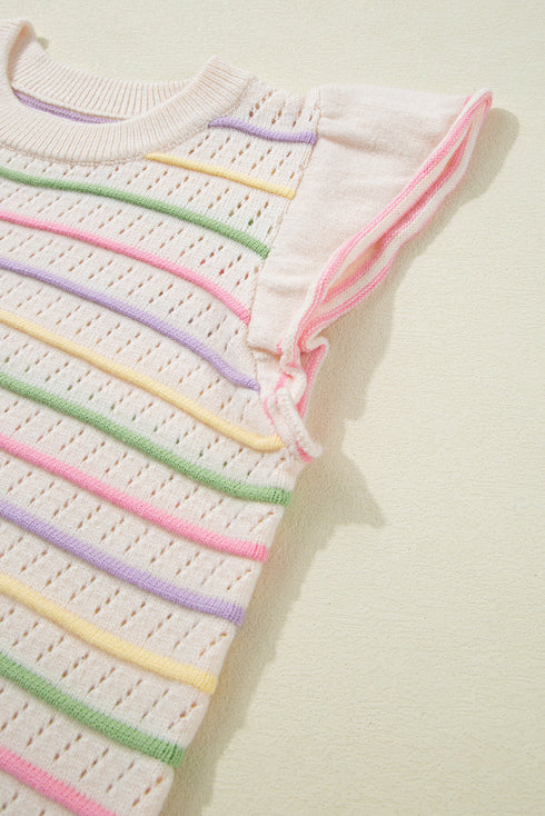 Colorful Striped Eyelet Knit Ruffled Sleeve Sweater T Shirt