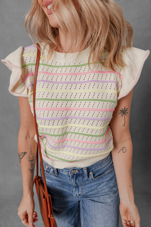 Colorful Striped Eyelet Knit Ruffled Sleeve Sweater T Shirt