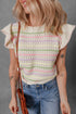 Colorful Striped Eyelet Knit Ruffled Sleeve Sweater T Shirt