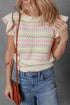 Colorful Striped Eyelet Knit Ruffled Sleeve Sweater T Shirt