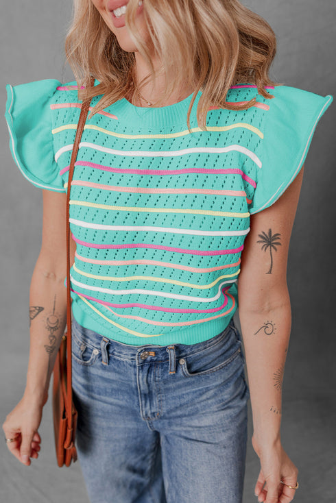 Colorful Striped Eyelet Knit Ruffled Sleeve Sweater T Shirt