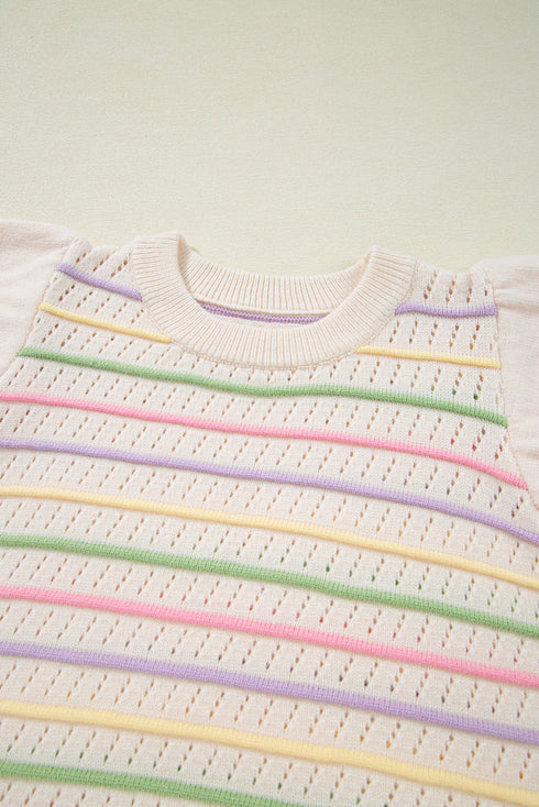 Colorful Striped Eyelet Knit Ruffled Sleeve Sweater T Shirt
