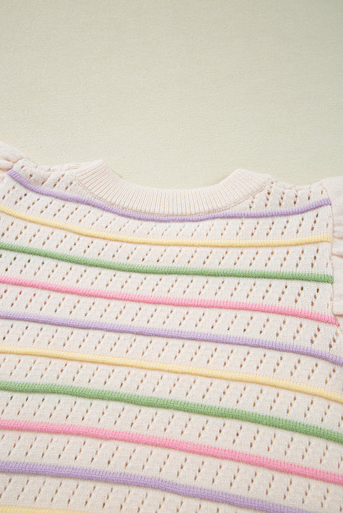 Colorful Striped Eyelet Knit Ruffled Sleeve Sweater T Shirt