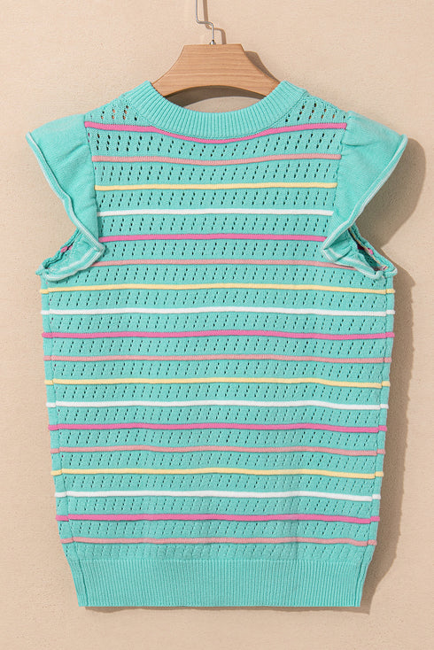 Colorful Striped Eyelet Knit Ruffled Sleeve Sweater T Shirt