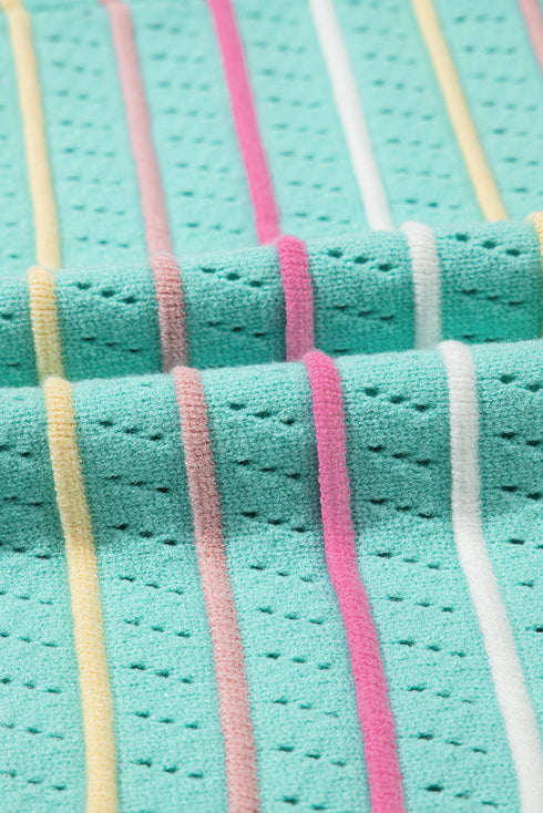 Colorful Striped Eyelet Knit Ruffled Sleeve Sweater T Shirt