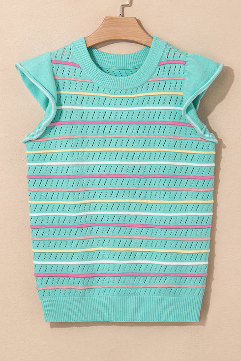 Colorful Striped Eyelet Knit Ruffled Sleeve Sweater T Shirt