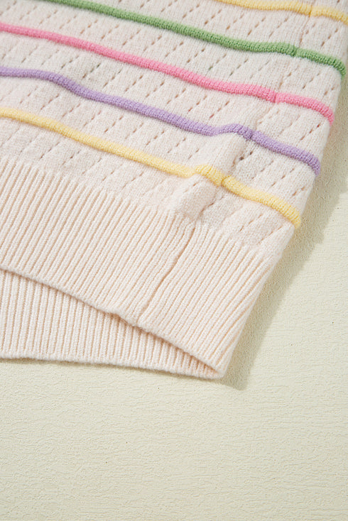 Colorful Striped Eyelet Knit Ruffled Sleeve Sweater T Shirt