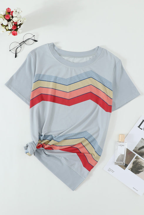 Colorful Wavy Stripes Print Short Sleeve Tee