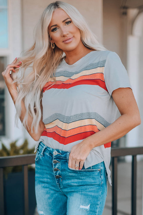 Colorful Wavy Stripes Print Short Sleeve Tee