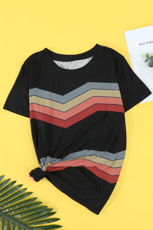 Colorful Wavy Stripes Print Short Sleeve Tee