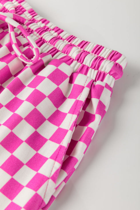 Comfy Checkerboard Print Drawstring Waist Lounge Shorts Set