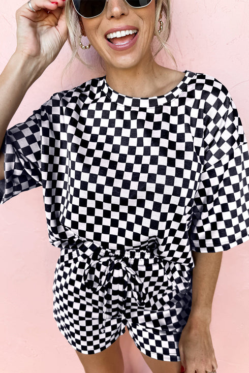 Comfy Checkerboard Print Drawstring Waist Lounge Shorts Set