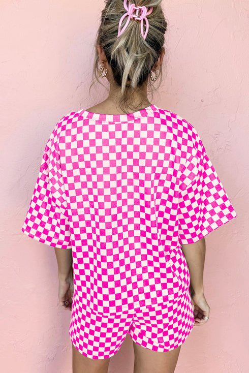 Comfy Checkerboard Print Drawstring Waist Lounge Shorts Set