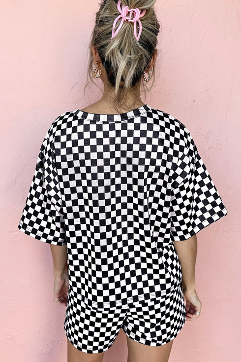 Comfy Checkerboard Print Drawstring Waist Lounge Shorts Set
