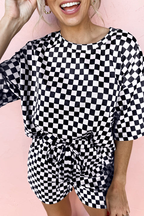 Comfy Checkerboard Print Drawstring Waist Lounge Shorts Set