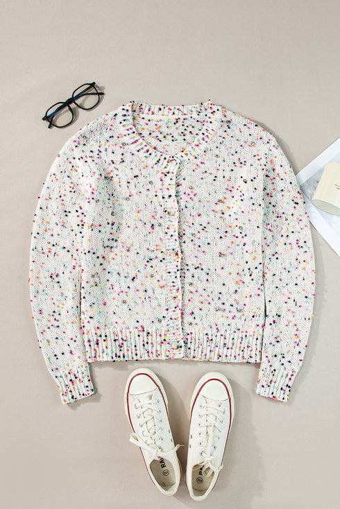 Confetti Speckled Knit Button Front Round Neck Cardigan