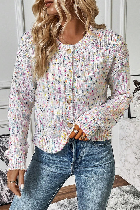 Confetti Speckled Knit Button Front Round Neck Cardigan