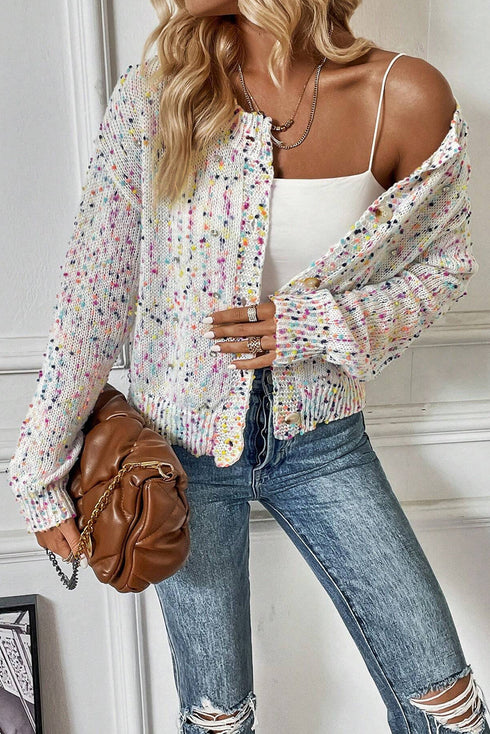 Confetti Speckled Knit Button Front Round Neck Cardigan