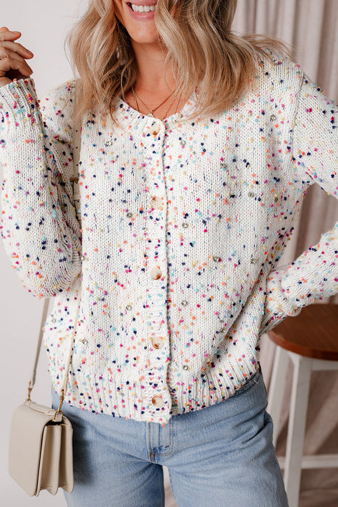 Confetti Speckled Knit Button Front Round Neck Cardigan