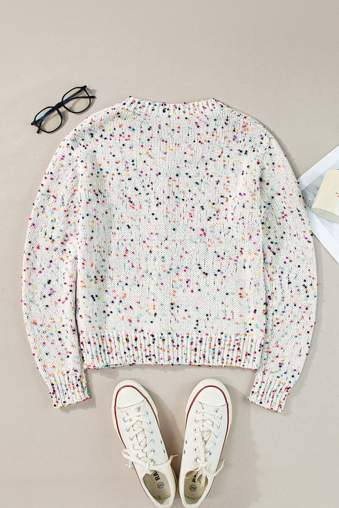 Confetti Speckled Knit Button Front Round Neck Cardigan