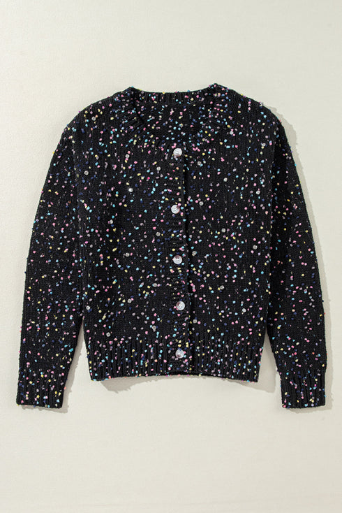 Confetti Speckled Knit Button Front Round Neck Cardigan
