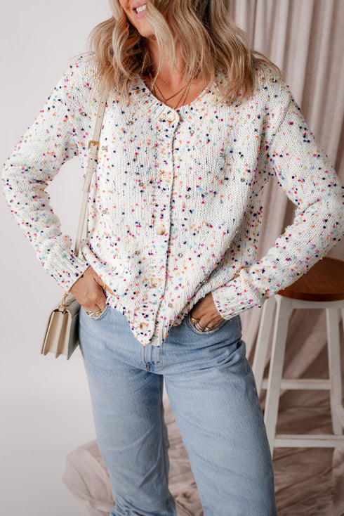 Confetti Speckled Knit Button Front Round Neck Cardigan