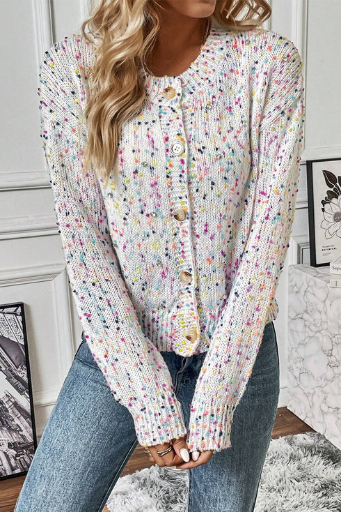 Confetti Speckled Knit Button Front Round Neck Cardigan