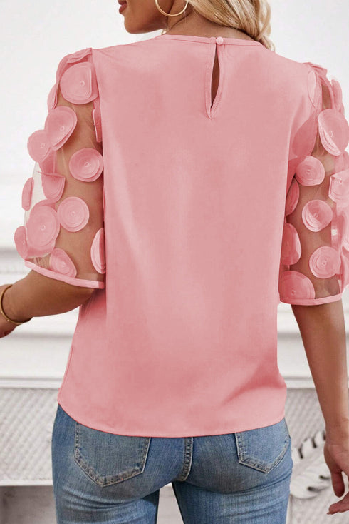 Contrast Applique Mesh Half Sleeve Blouse