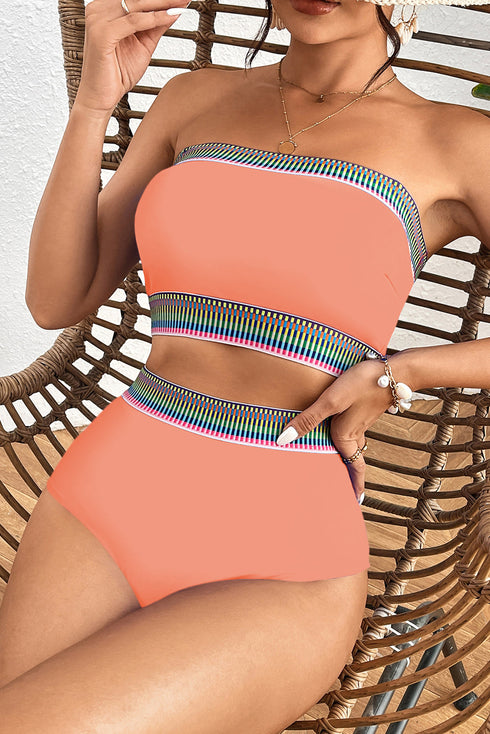 Contrast Banding Tube Bikini High Waist 2pcs Swimsuit