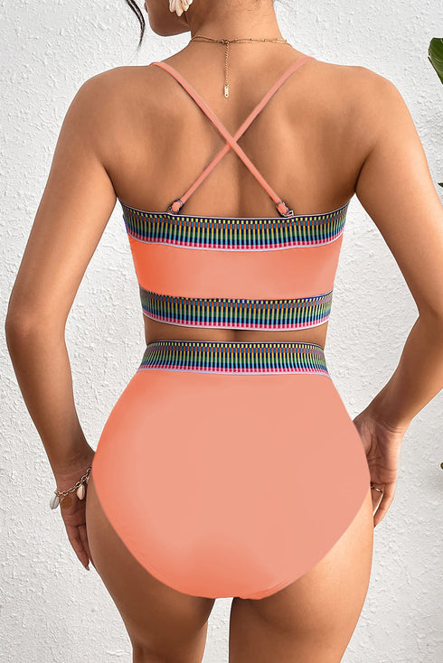 Contrast Banding Tube Bikini High Waist 2pcs Swimsuit