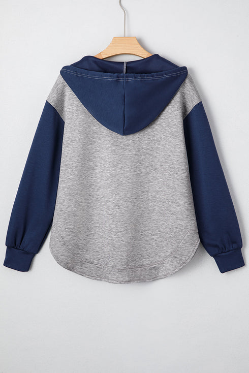 Contrast Block V Neck Curved Hem Hoodie
