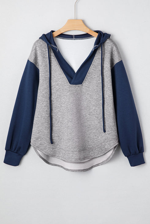 Contrast Block V Neck Curved Hem Hoodie