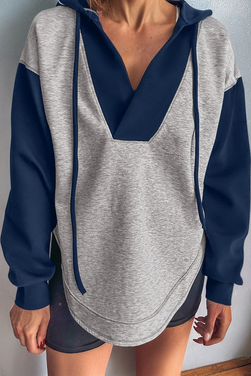 Contrast Block V Neck Curved Hem Hoodie