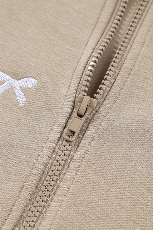 Contrast Bow Embroidered Satin Drawstring Zip Front Hooded Drop Shoulder Jacket