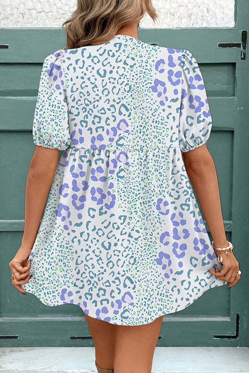 Contrast Bow Tie Front Leopard Print Puff Sleeve Babydoll Mini Dress