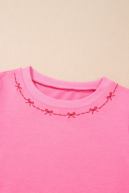 Contrast Bow Trim Pearl Puff Sleeve Blouse and Skort 2pcs Set