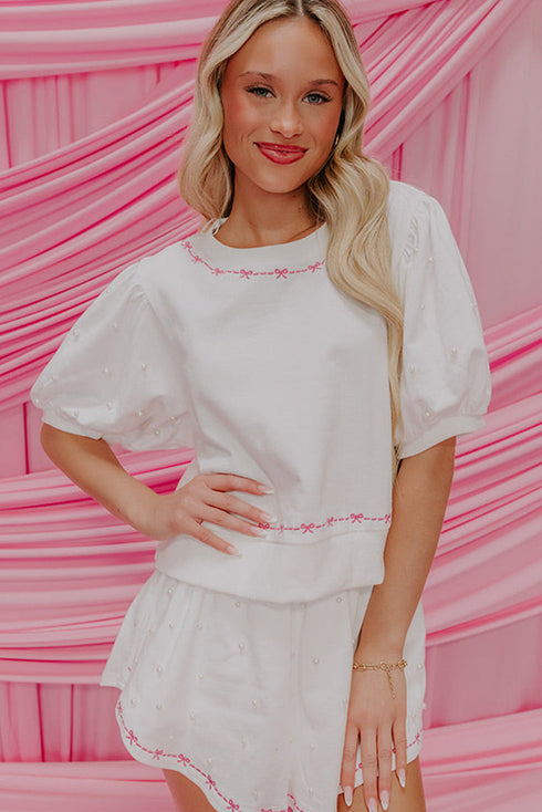 Contrast Bow Trim Pearl Puff Sleeve Blouse and Skort 2pcs Set