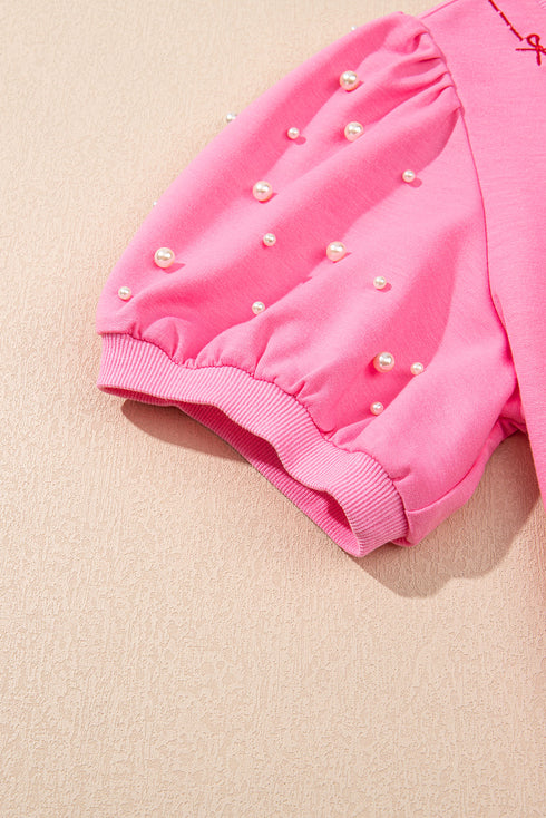 Contrast Bow Trim Pearl Puff Sleeve Blouse and Skort 2pcs Set