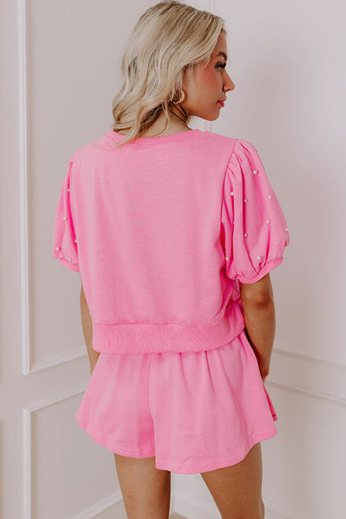 Contrast Bow Trim Pearl Puff Sleeve Blouse and Skort 2pcs Set