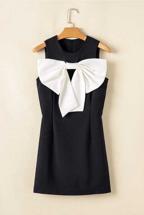 Contrast Bowknot Applique Crew Neck Sleeveless Mini Dress