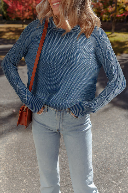 Contrast Cable Knit Sleeve Crew Neck Sweater